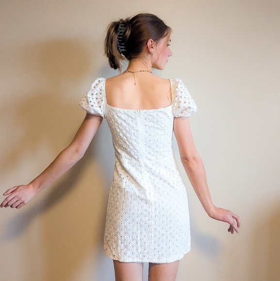 White Puff Sleeve Eyelet Dress - Picture 6 of 6